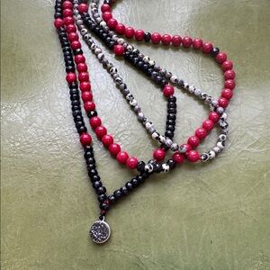 Deep Sea,Red Coral, Black Spinel & Dalmatian Jasper Necklace NWT with Druzy drop